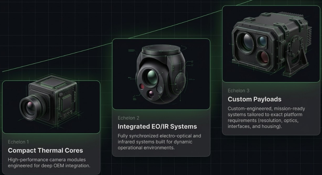 E-Vector Labs Product Echelons — Echelon 1: Compact Thermal Cores, Echelon 2: Integrated EO/IR Systems, Echelon 3: Custom Payloads